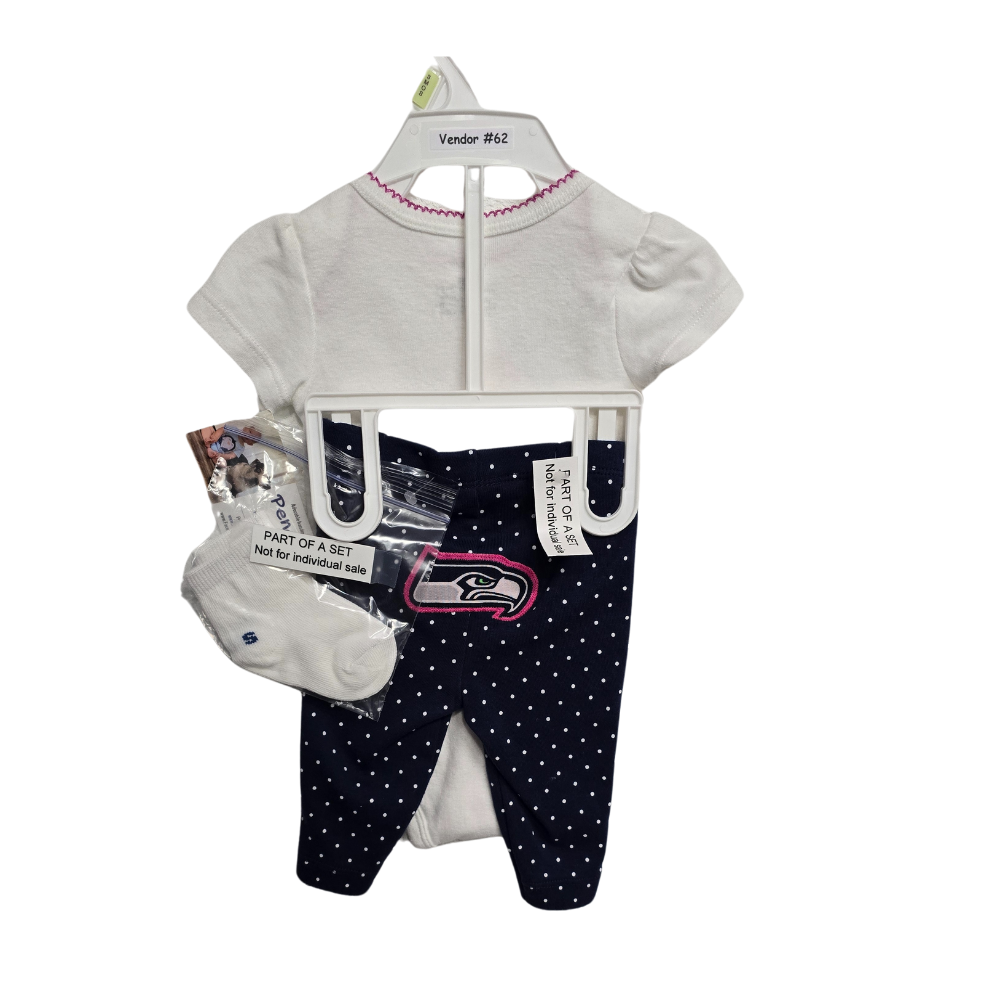 3 Month Seahawks 3 Piece Outfit - Girls White Onesie