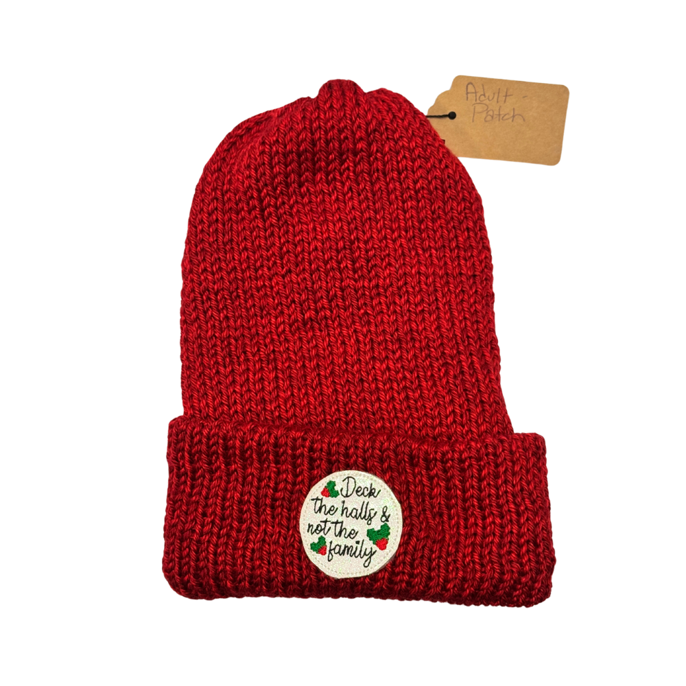 Adult Hat with Patch - Crocheted - Deck The Halls Not The Family