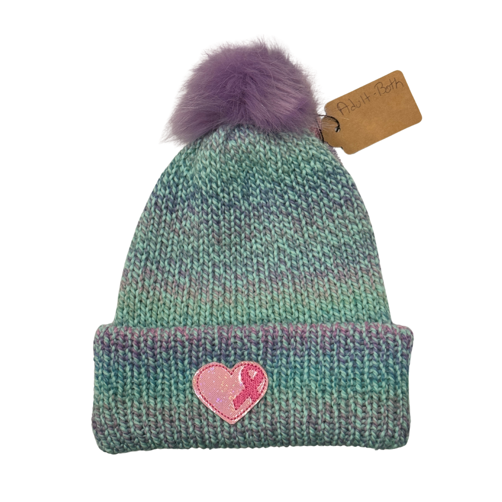 Crocheted Adult Hat with Pom & Patch - Purple/Teal - Breast Cancer Patch