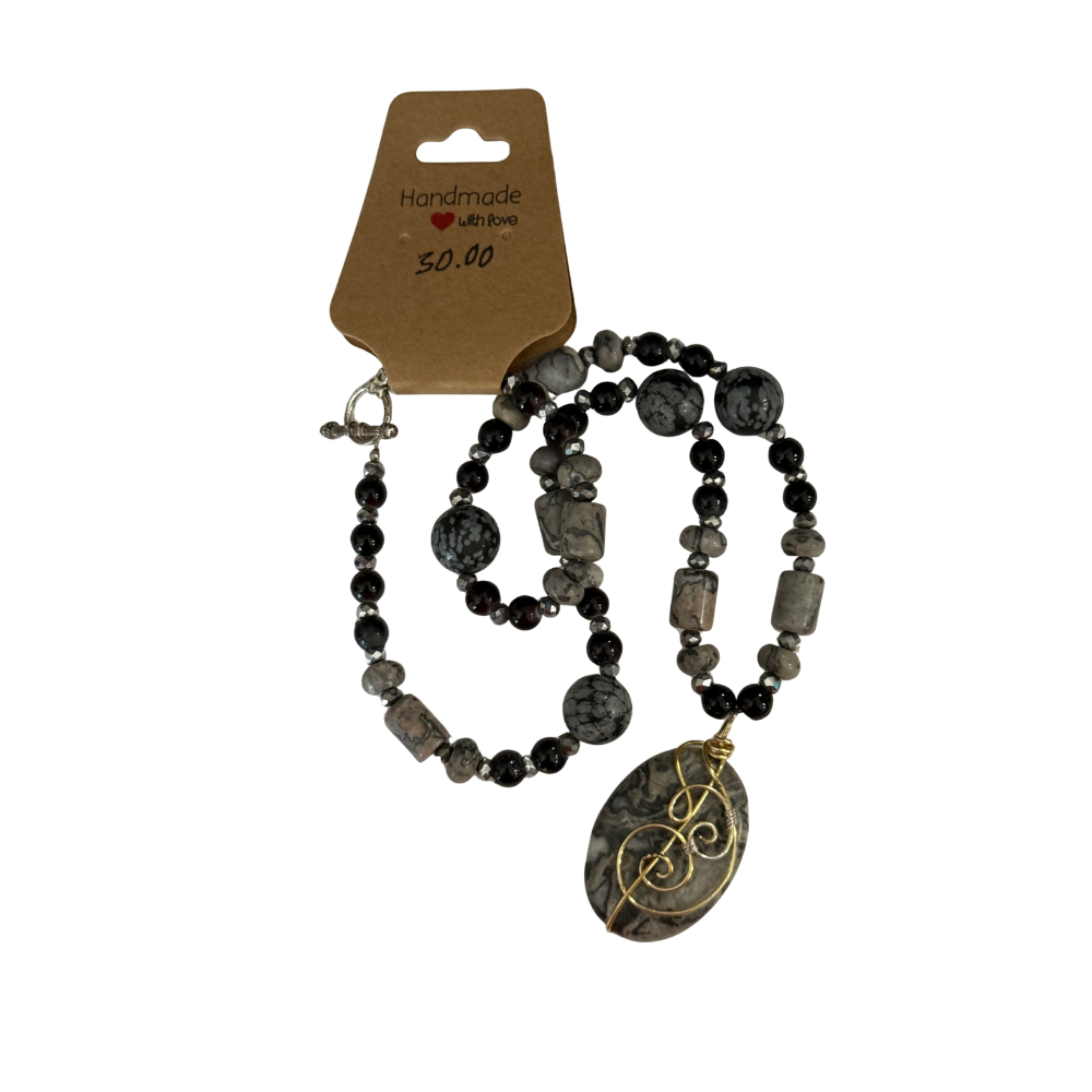 Beaded Necklace with Wire Wrapped Stone