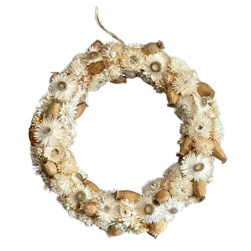 Handcrafted 11-inch Straw Flower Poppy Wreath - Dried Floral Wall Decor