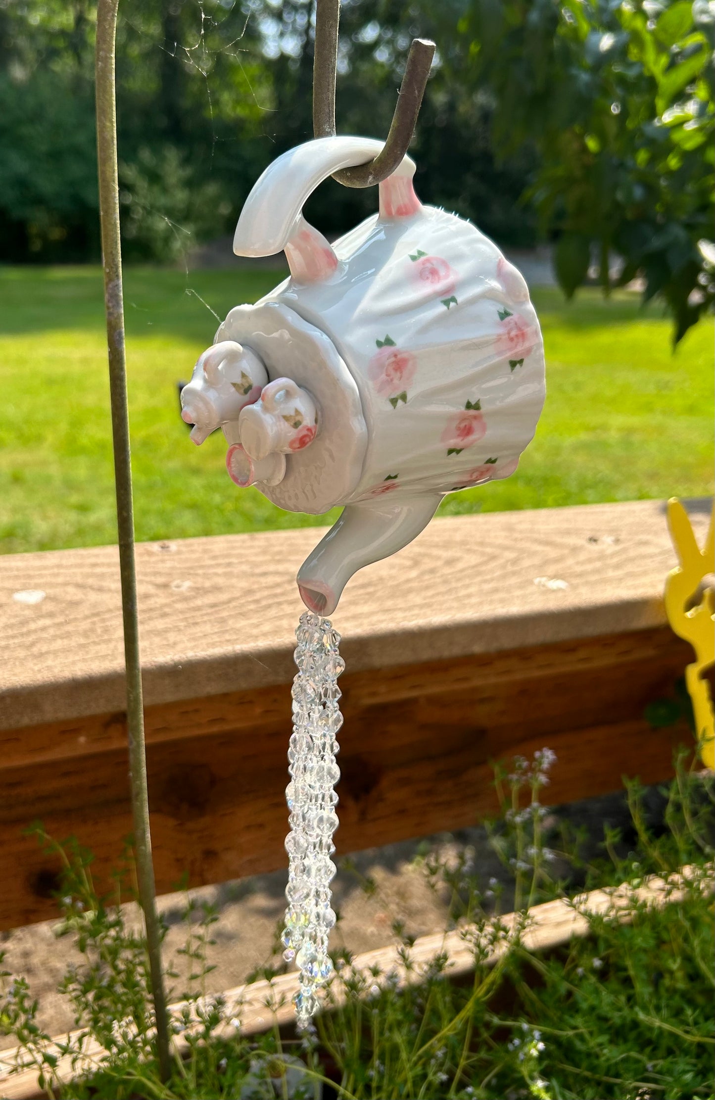 Whimsical Miniature Tea Set Garden Art | Crystal Embellished Teapot Decor