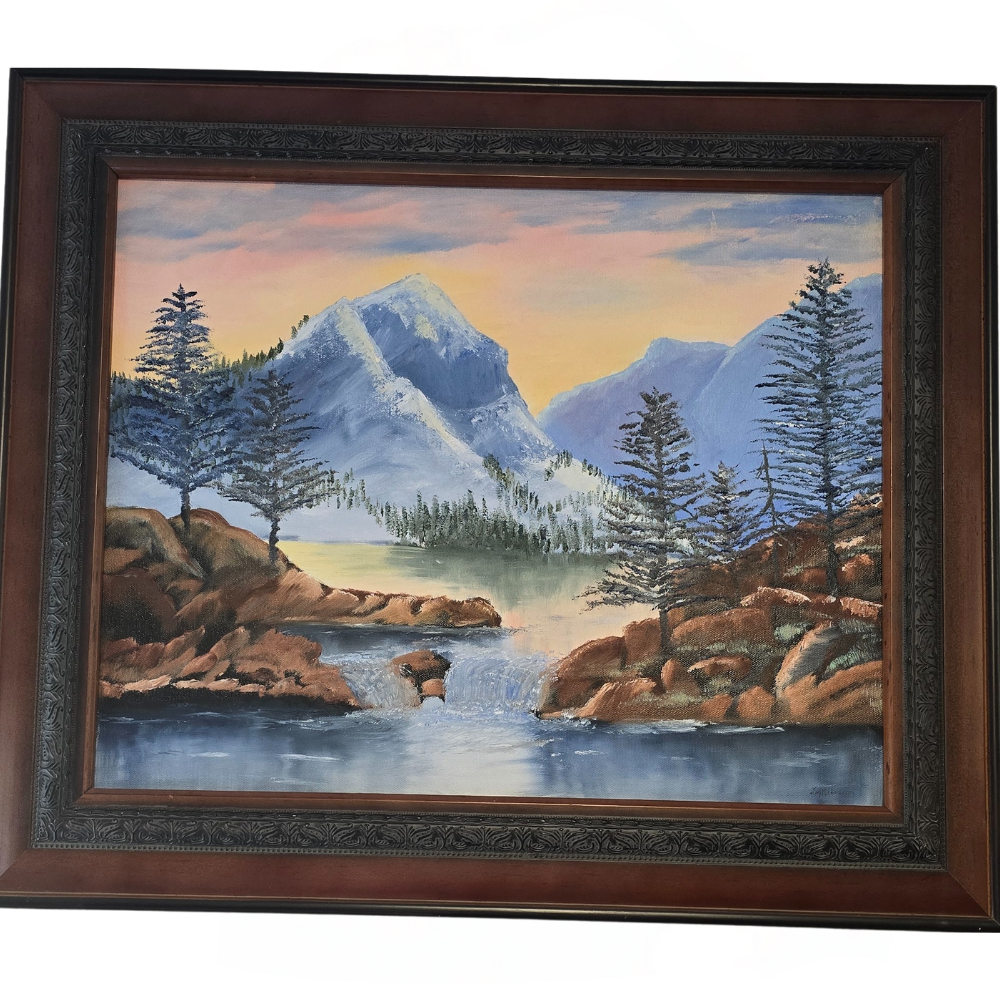 Large River, Trees and Mountain Painting