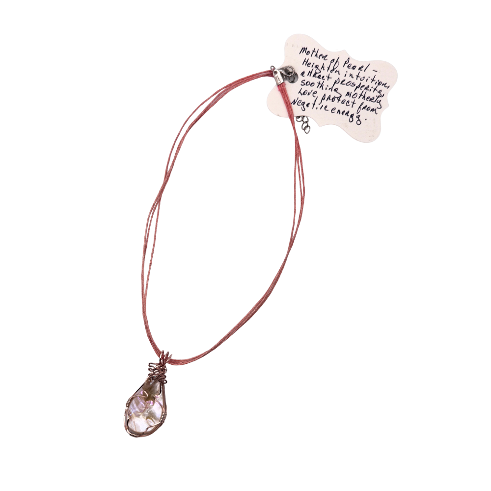 Mother of Pearl Wrapped Pendant with Coral Organza Cord
