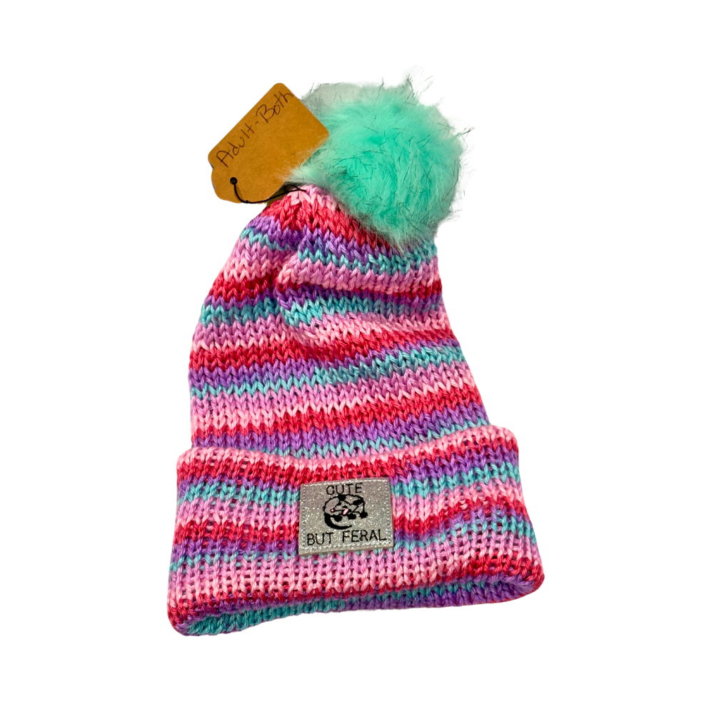 Adult Crocheted Hat - Cute But Feral - Patch & Teal Pom