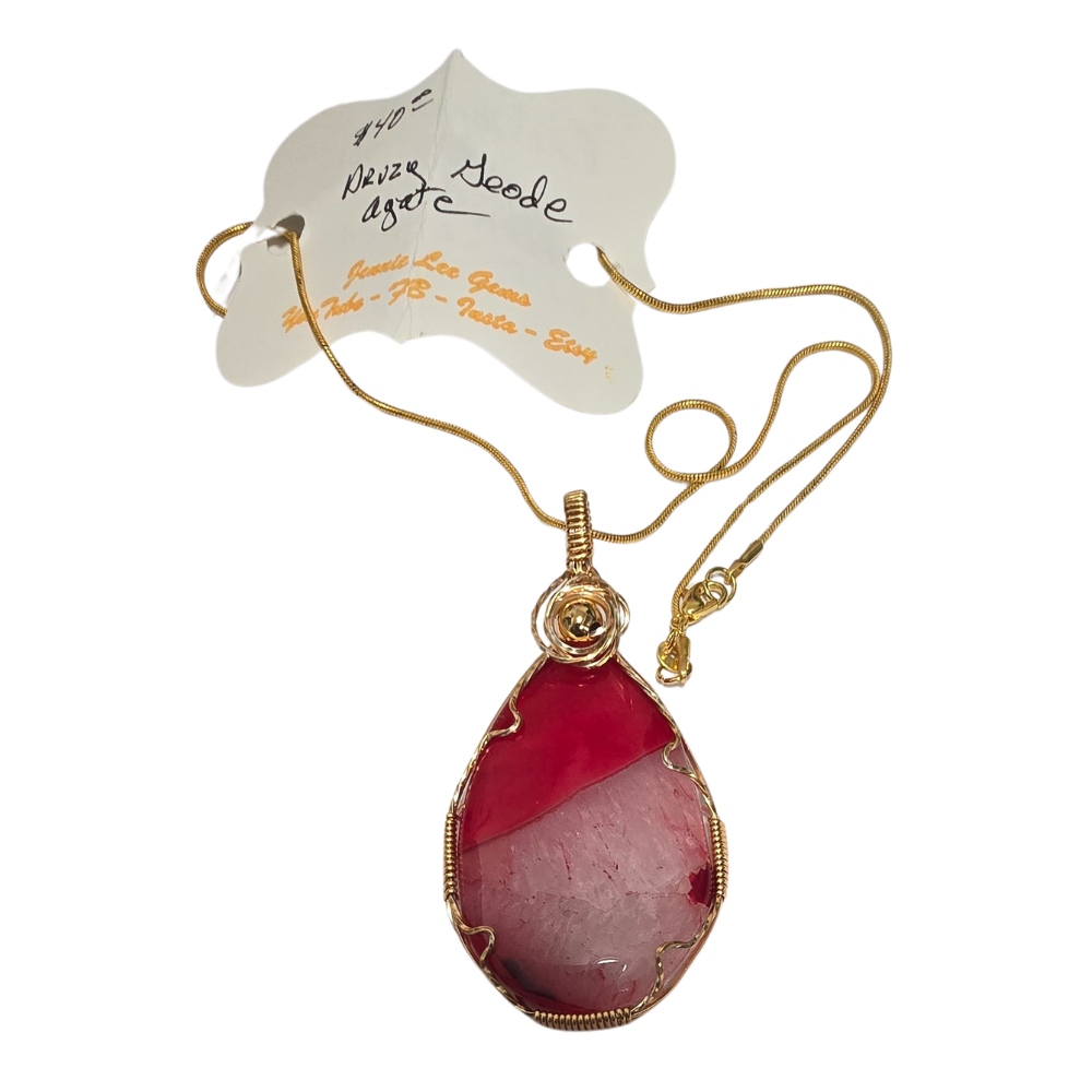 Handcrafted Wire Wrapped Red/White Agate in Gold Necklace