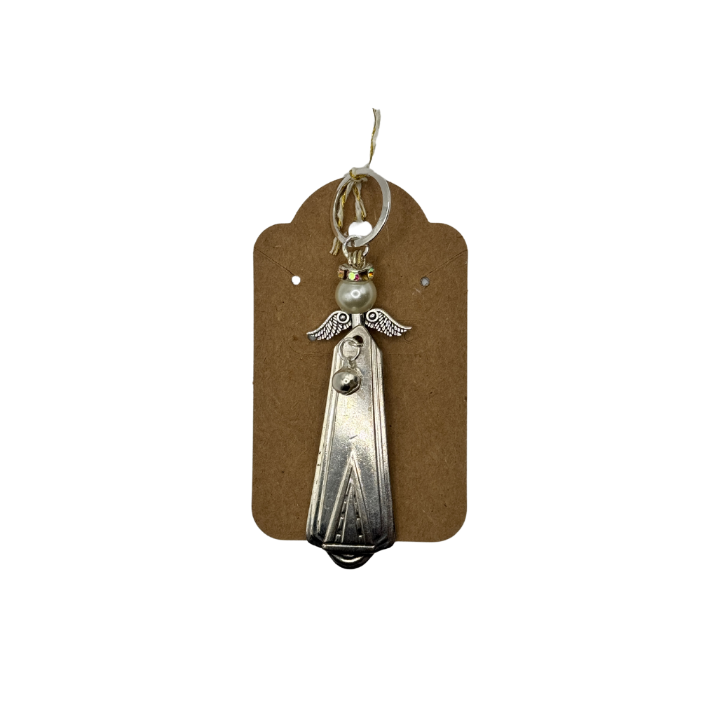 Silver Upcycled Flatware Angel Ornament with Crystal Halo & Wing Charm