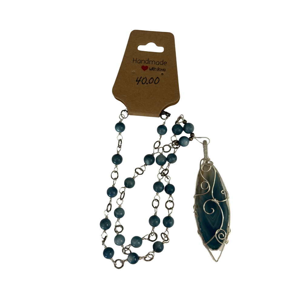 Sterling Silver Wire Wrapped Blue Stone on Beaded Necklace