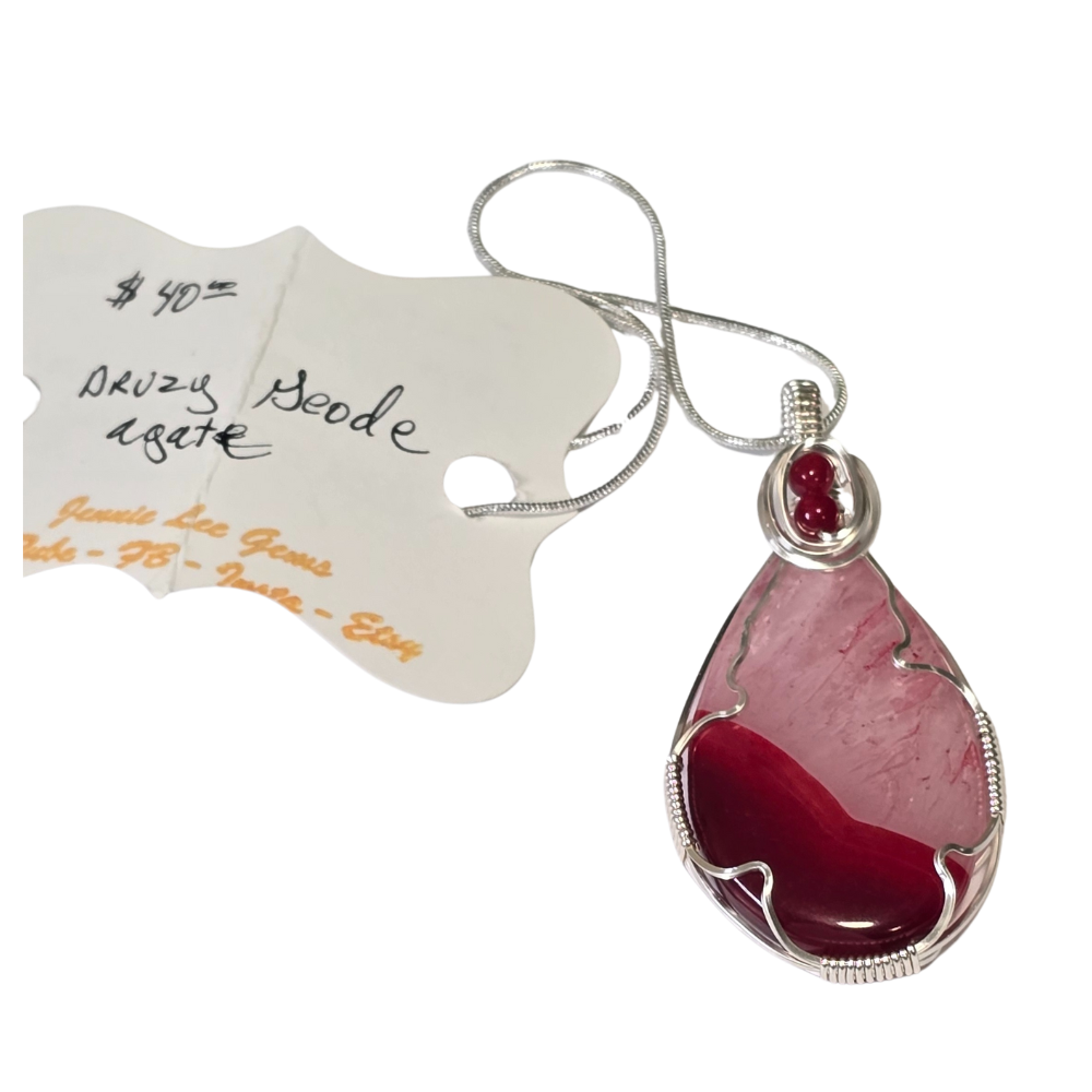 Handcrafted Wire Wrapped White/Red Agate in Silver Necklace