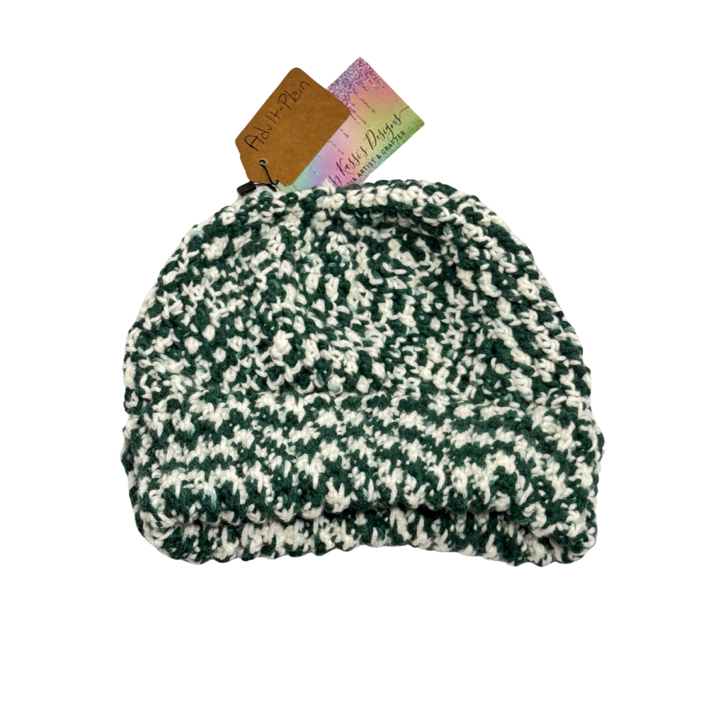 Adult Hats - Hand Crocheted - Green White Plain