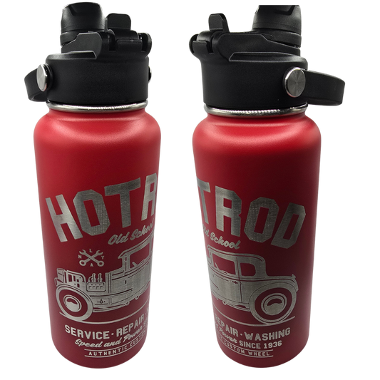 32oz Laser Engraved Red Water Bottle - Hot Rod Car