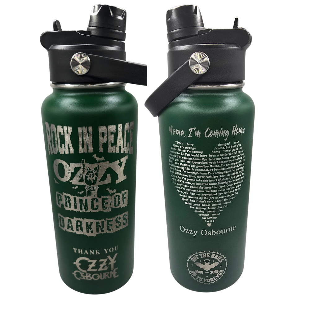 32oz Laser Engraved Green Water Bottle - Ozzy Tribute