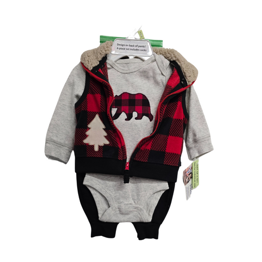 3 Month Red Plaid Vest w/Bear 4 Piece Outfit - Neutral