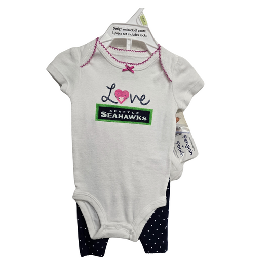 3 Month Seahawks 3 Piece Outfit - Girls White Onesie