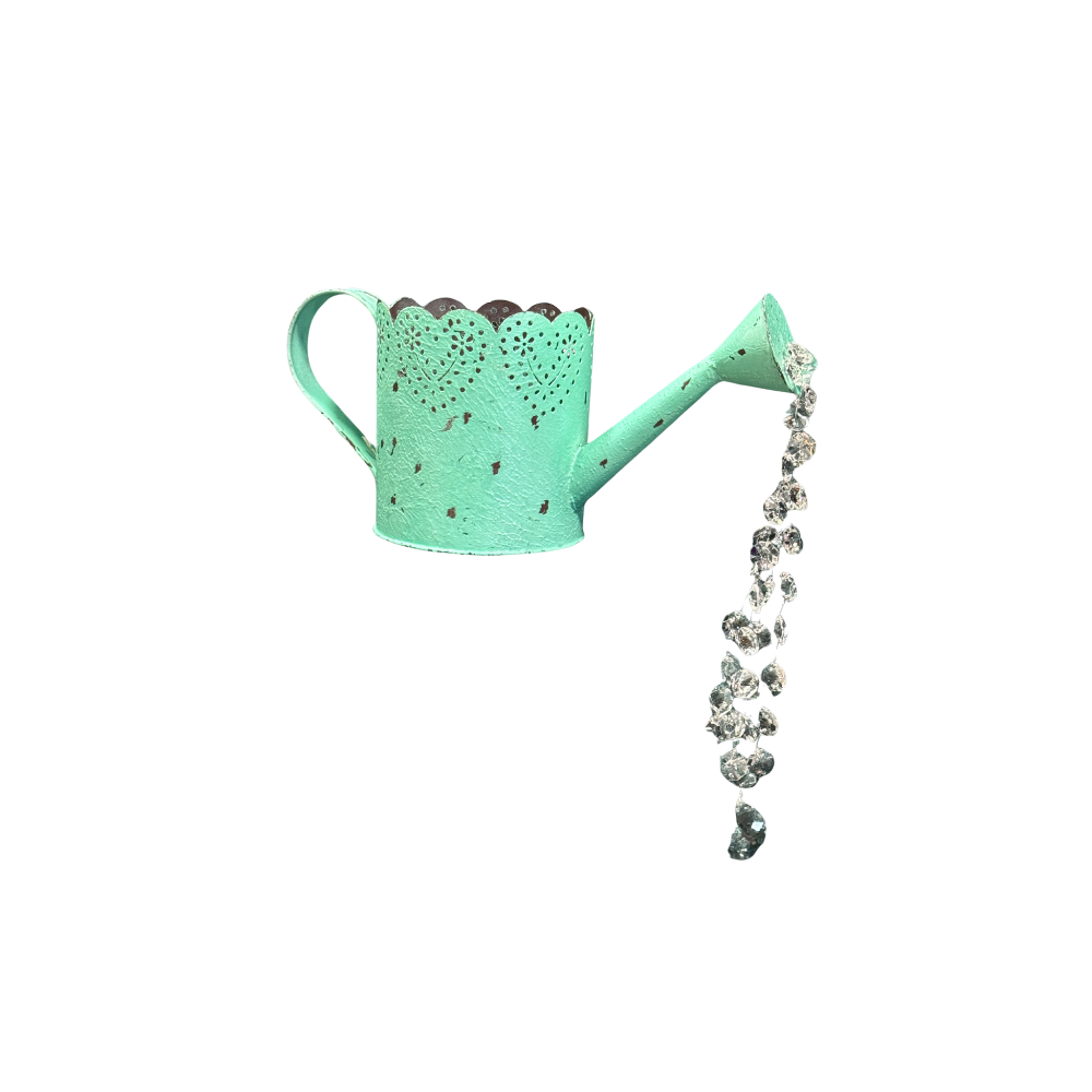 Handcrafted Turquiose Metal Watering Can Garden Art | Crystal Suncatcher