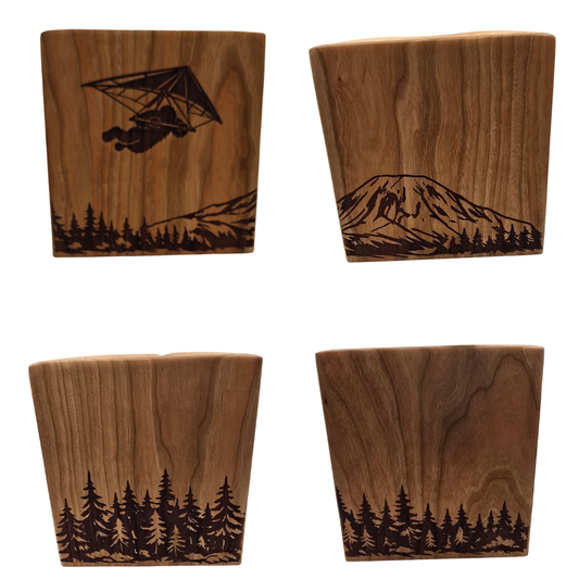 Wooden Tissue Box - w/ Trees, Mountains, and Bigfoot Para-gliding