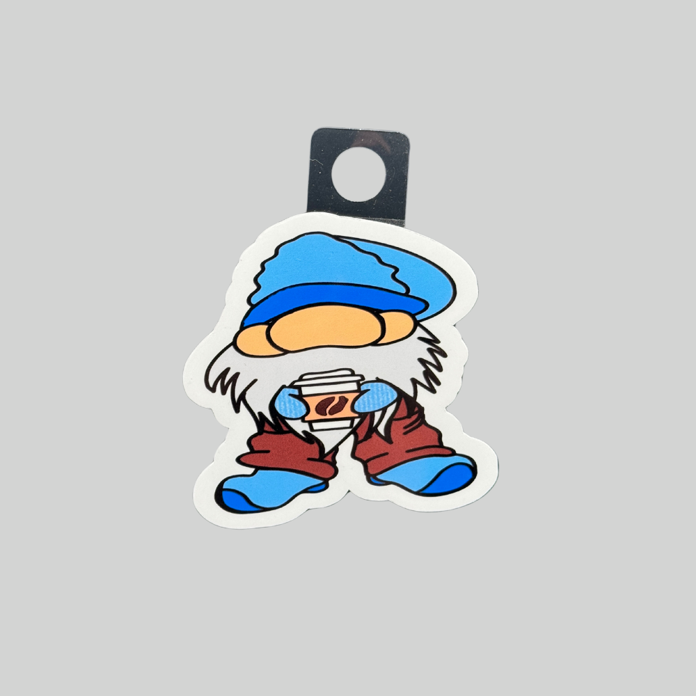 Blue Gnome with Coffee Sticker