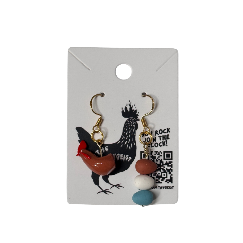 Hand Sculpted Hen & Egg Earrings | Handmade Painted Clay Jewelry | Chicken Lover Gift