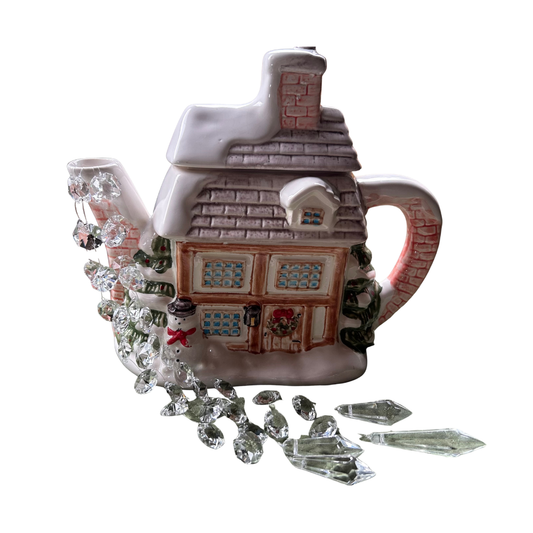Christmas Cottage Teapot | Crystal Suncatcher | Handcrafted Teapot Decor