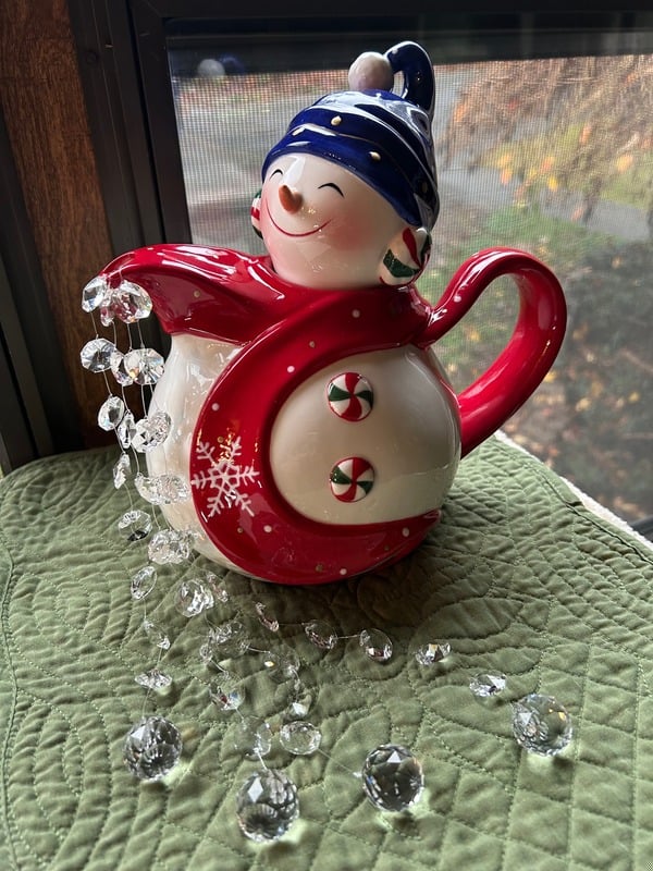 Christmas Snowman Teapot | Crystal Suncatcher | Handcrafted Teapot Decor