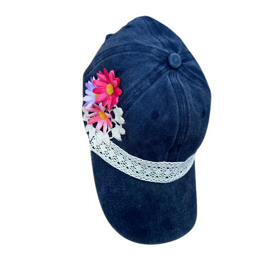 Ladies Hat Dk Blue w/Lace & Flowers