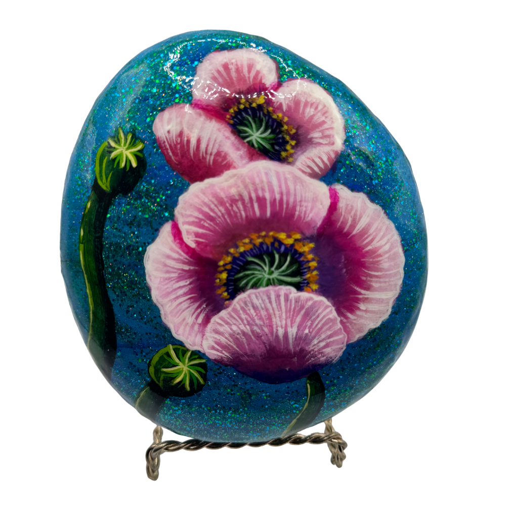 Blue Sparkly Flower Painted Rock