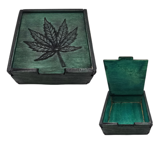 Handmade Wood Box - Green w/Weed Leaf