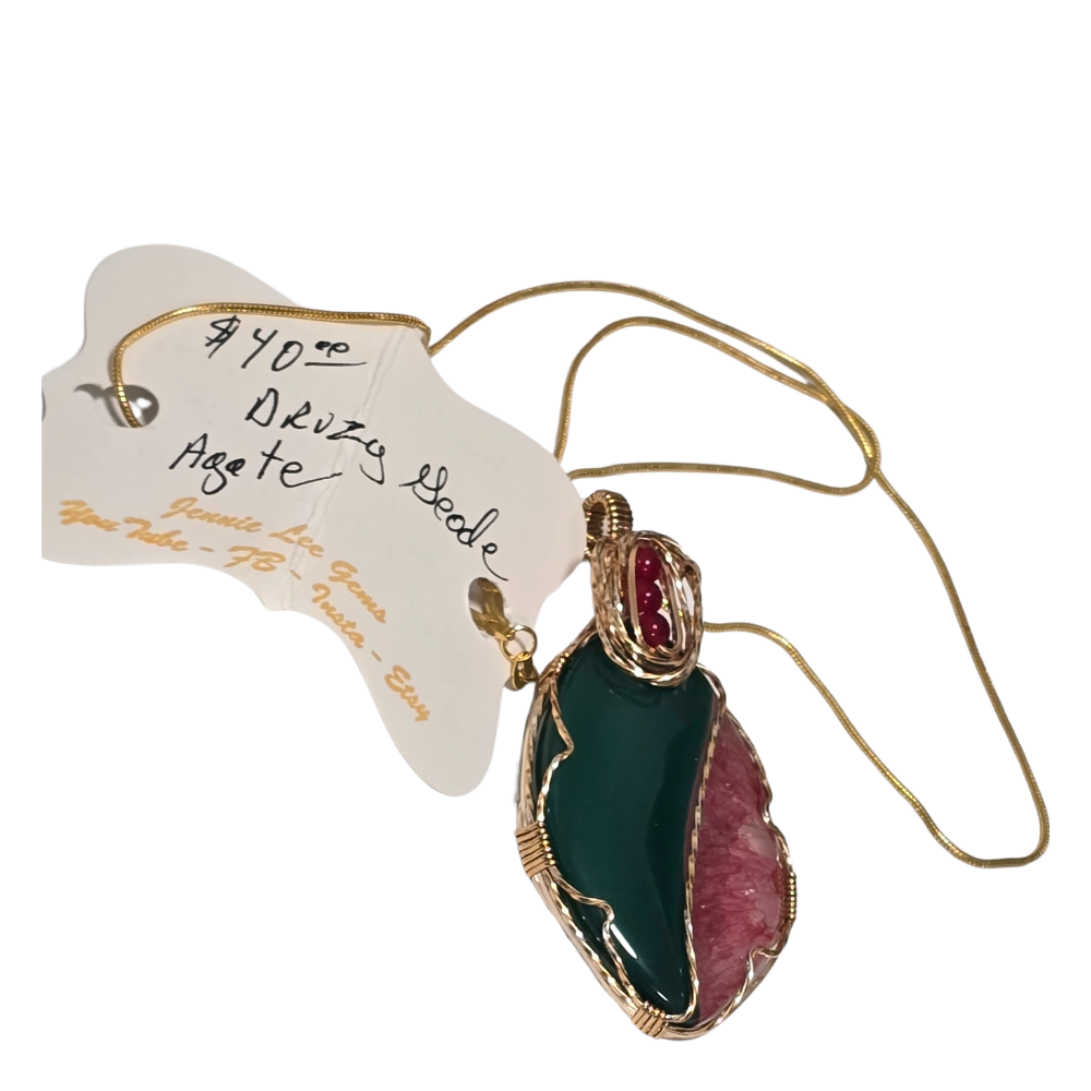 Handcrafted Wire Wrapped Red/Green Agate in Gold Necklace