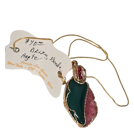 Handcrafted Wire Wrapped Red/Green Agate in Gold Necklace