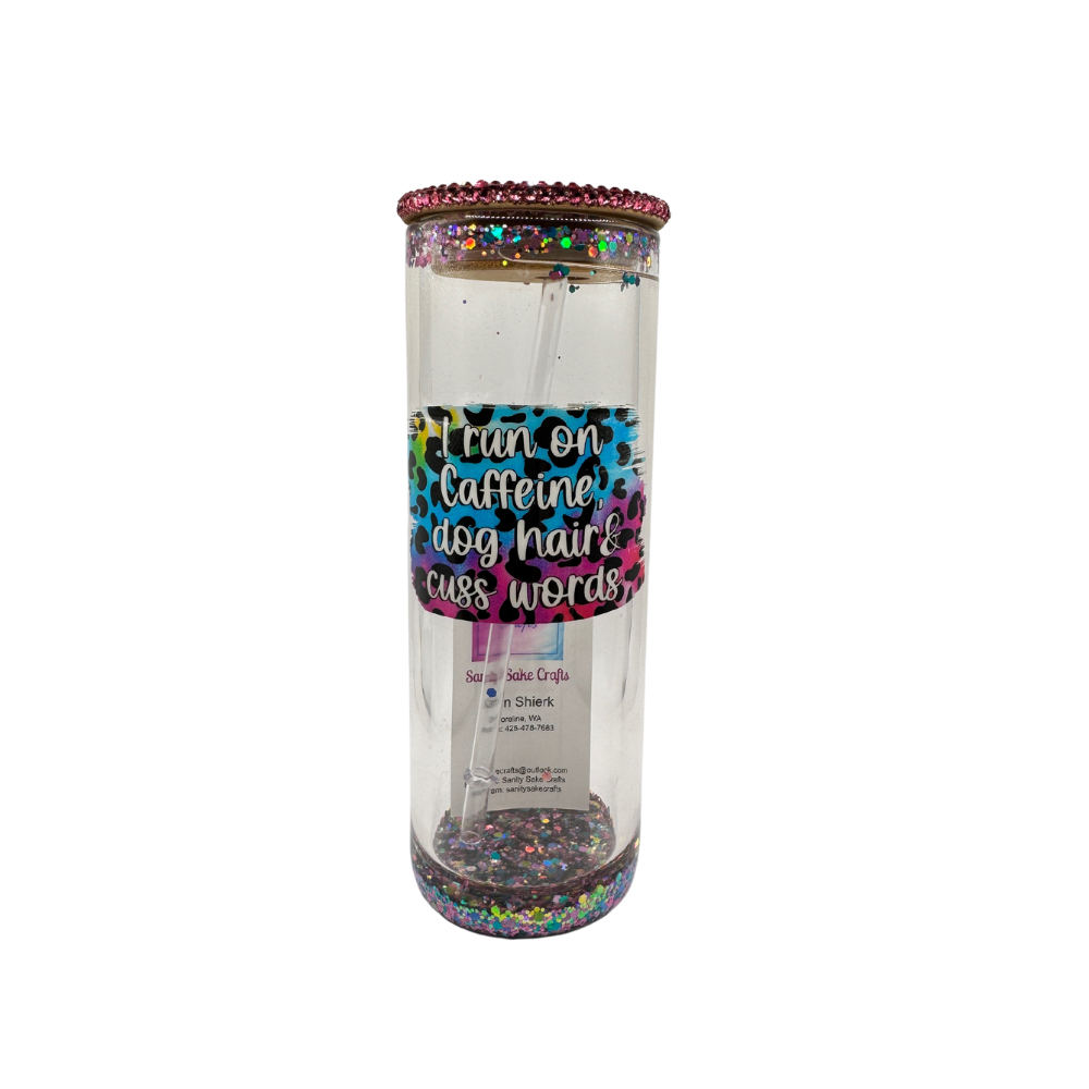 I Run On Caffiene, Dog Hair and Cuss Words Snow Globe Glitter Tumbler - Bling Rhinestone Lid