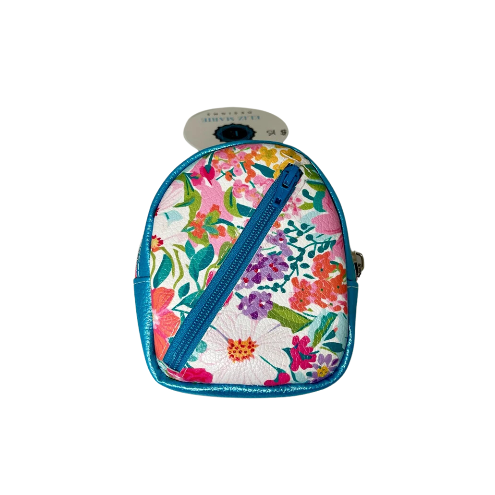 Keychain Backpack - Zipper - Clear ID Slot - Blue Floral