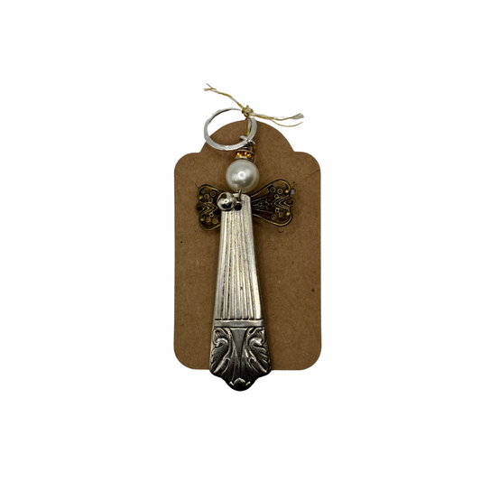 Silver Upcycled Flatware Angel Ornament with Crystal Halo & Wing Charm