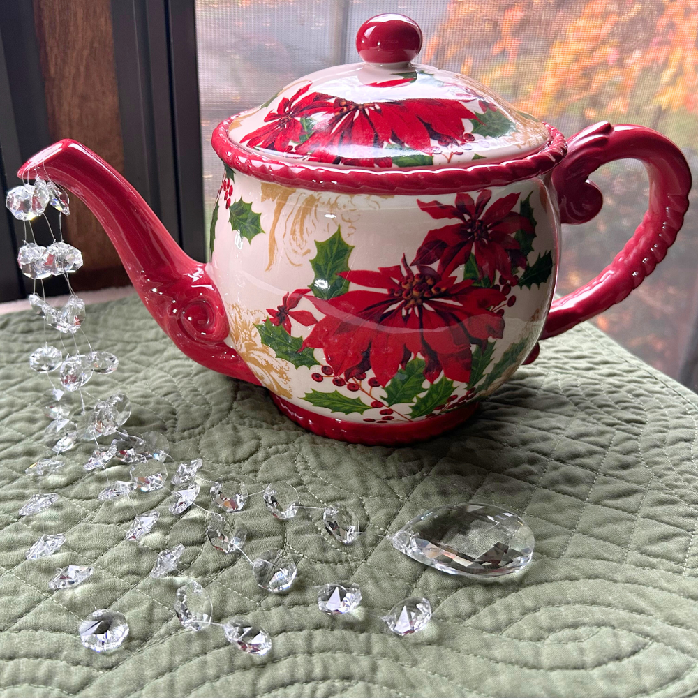 Poinsettia Teapot | Crystal Garden Decoration | Handcrafted Holiday Art