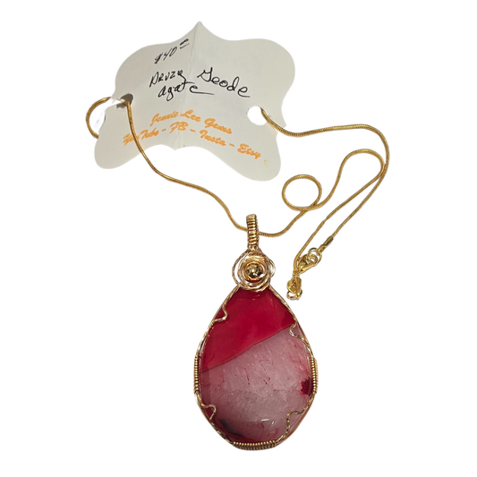 Handcrafted Wire Wrapped Red/White Agate in Gold Necklace