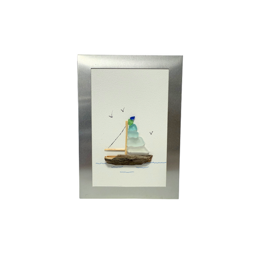 Single Sail Boat with Sea Glass Art Piece