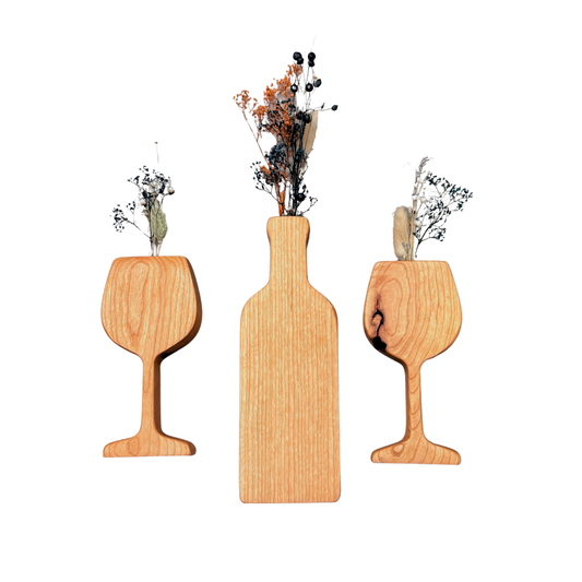 Wooden Wine Bottle & Glass Vases | Handmade Dried Flower Decor | Sold Individually or as Set
