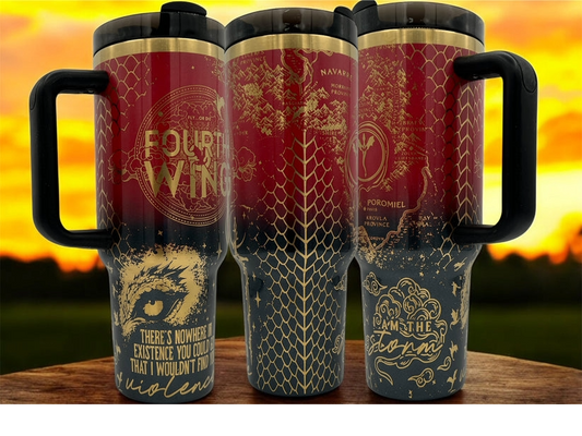 Fourth Wing Fantasy Engraved Rainbow Tumbler Book Reader Large Logo I Am The Storm 40oz